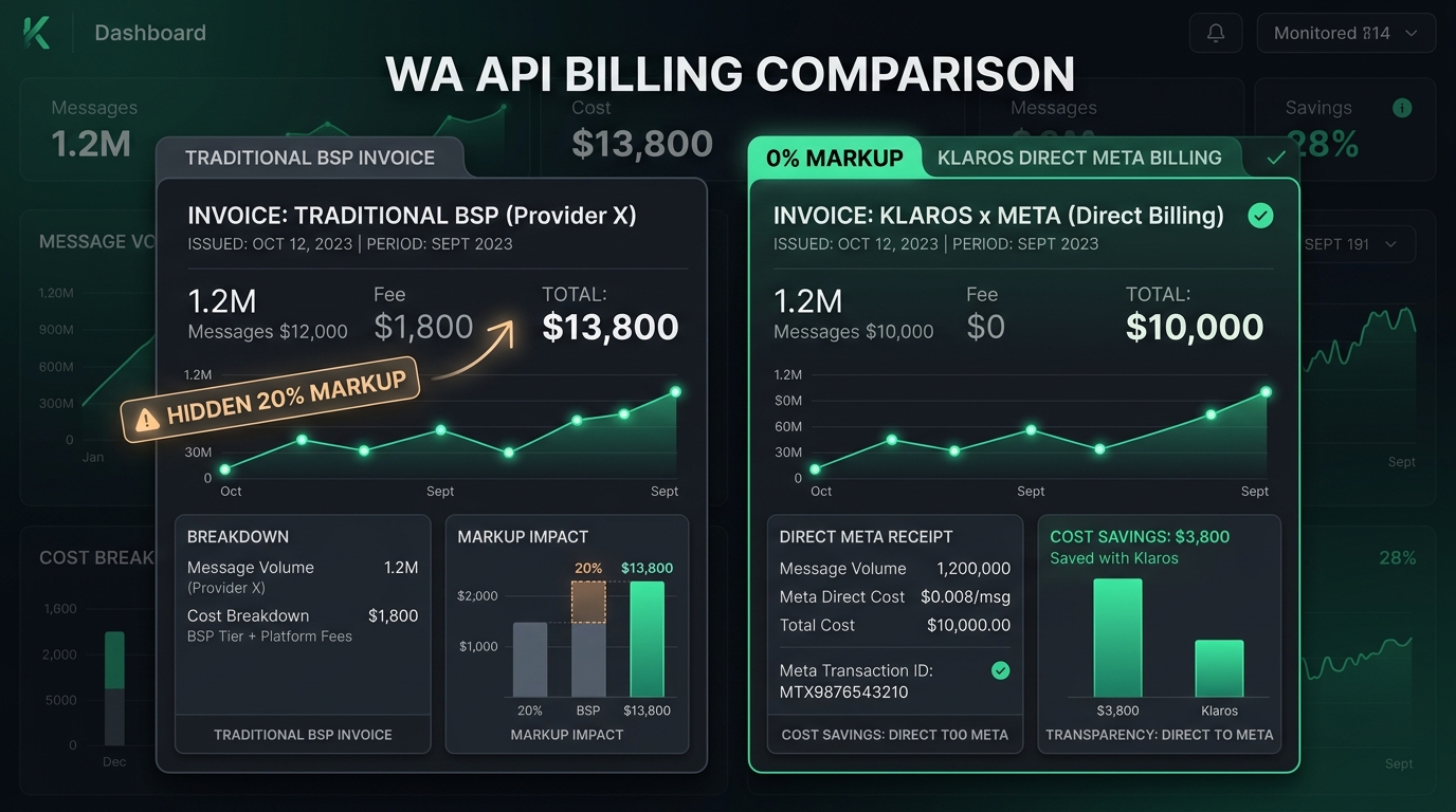 Invoice Comparison UI Dashboard — Traditional BSP Invoice with hidden 20% markup vs Klaros Direct Meta Billing with 0% markup