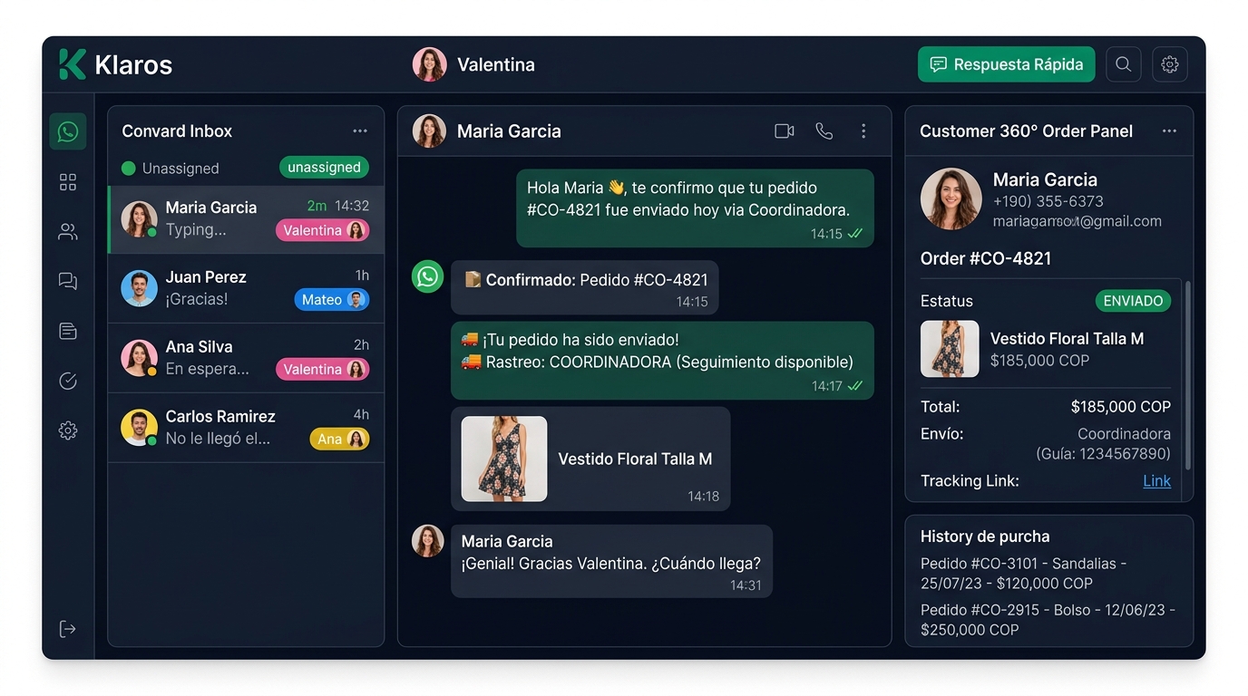 Klaros: bandeja multiagente WhatsApp CRM con contexto del pedido Shopify y datos del cliente