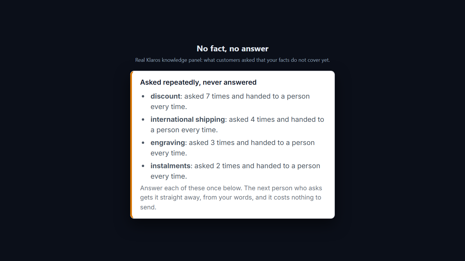 Screenshot: Questions your facts do not cover are not answered: each is handed to a person and listed here for you to write down once.