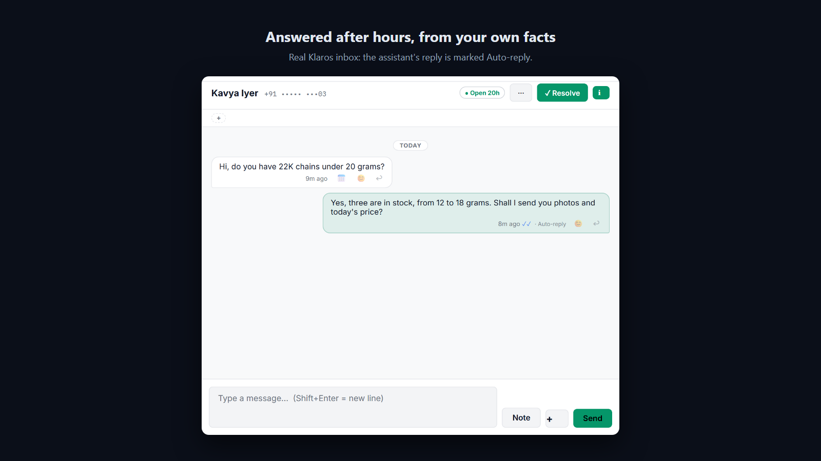 Screenshot: Off-hours questions are answered from your own facts, or handed to your team.