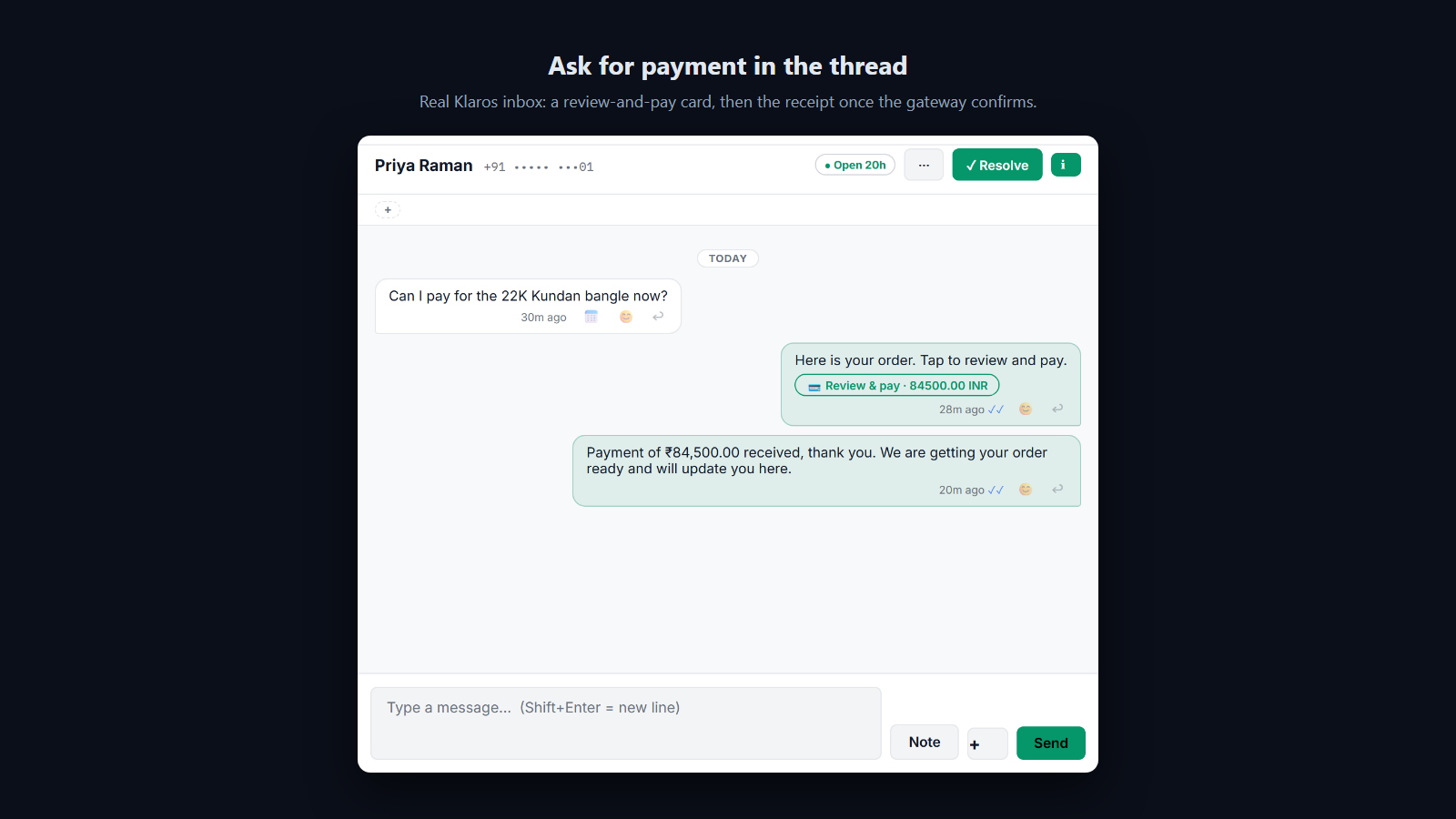Screenshot: A payment request arrives as a card in the thread, and a paid order is confirmed back in the same thread.