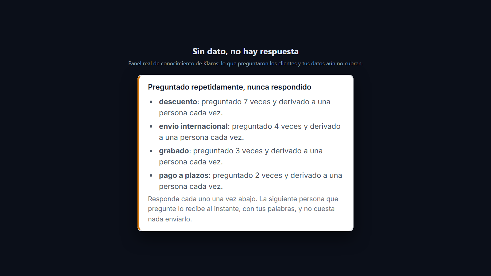Captura: Las preguntas que tus datos no cubren no se responden: cada una pasa a una persona y queda listada aquí para que la escribas una vez.