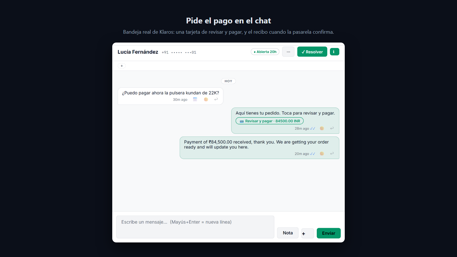 Captura: La solicitud de pago llega como una tarjeta en el chat, y el pedido pagado se confirma en el mismo chat.