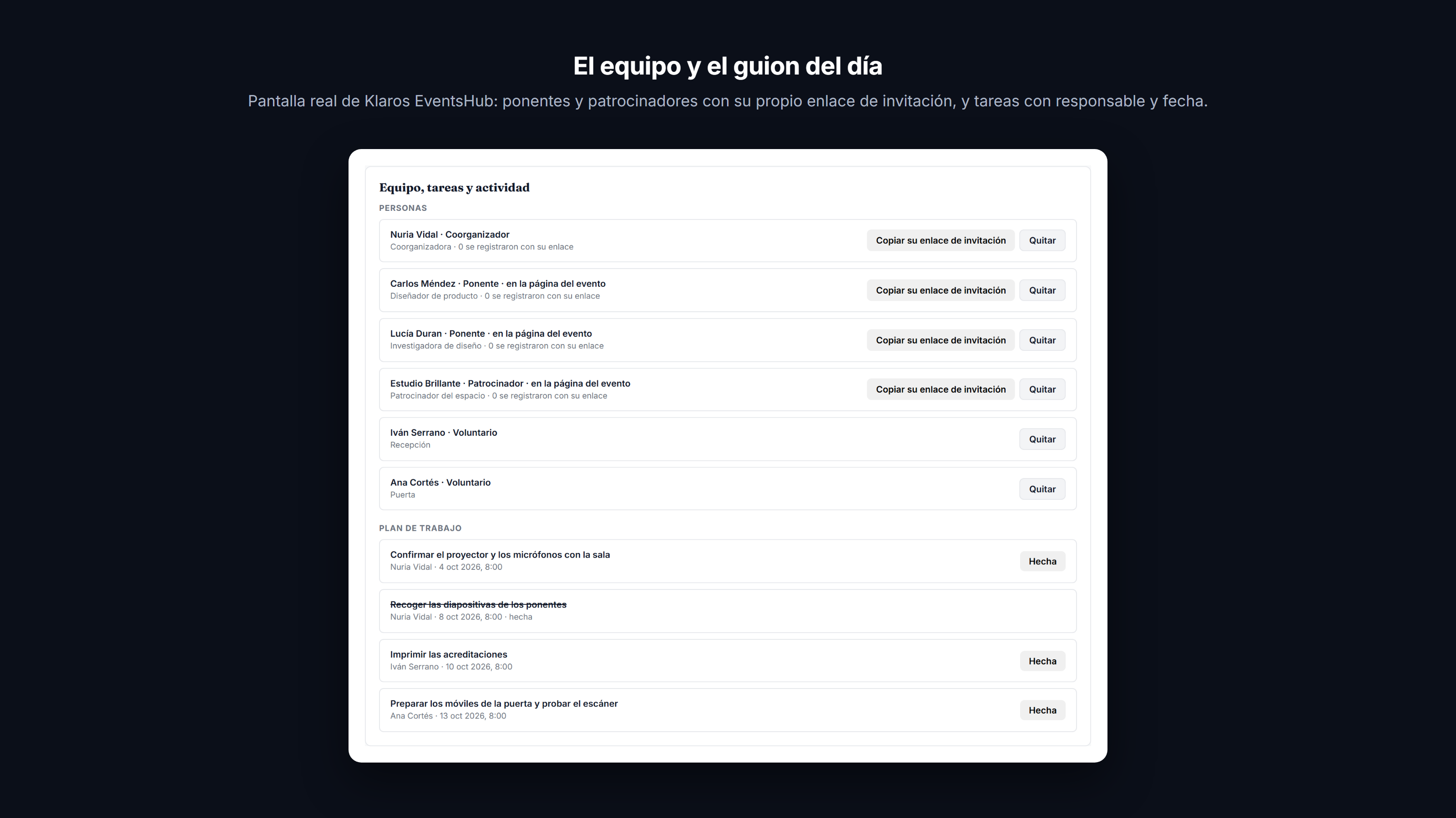 Captura: Ponentes y patrocinadores con su propio enlace de invitación, y tareas con responsable y fecha.