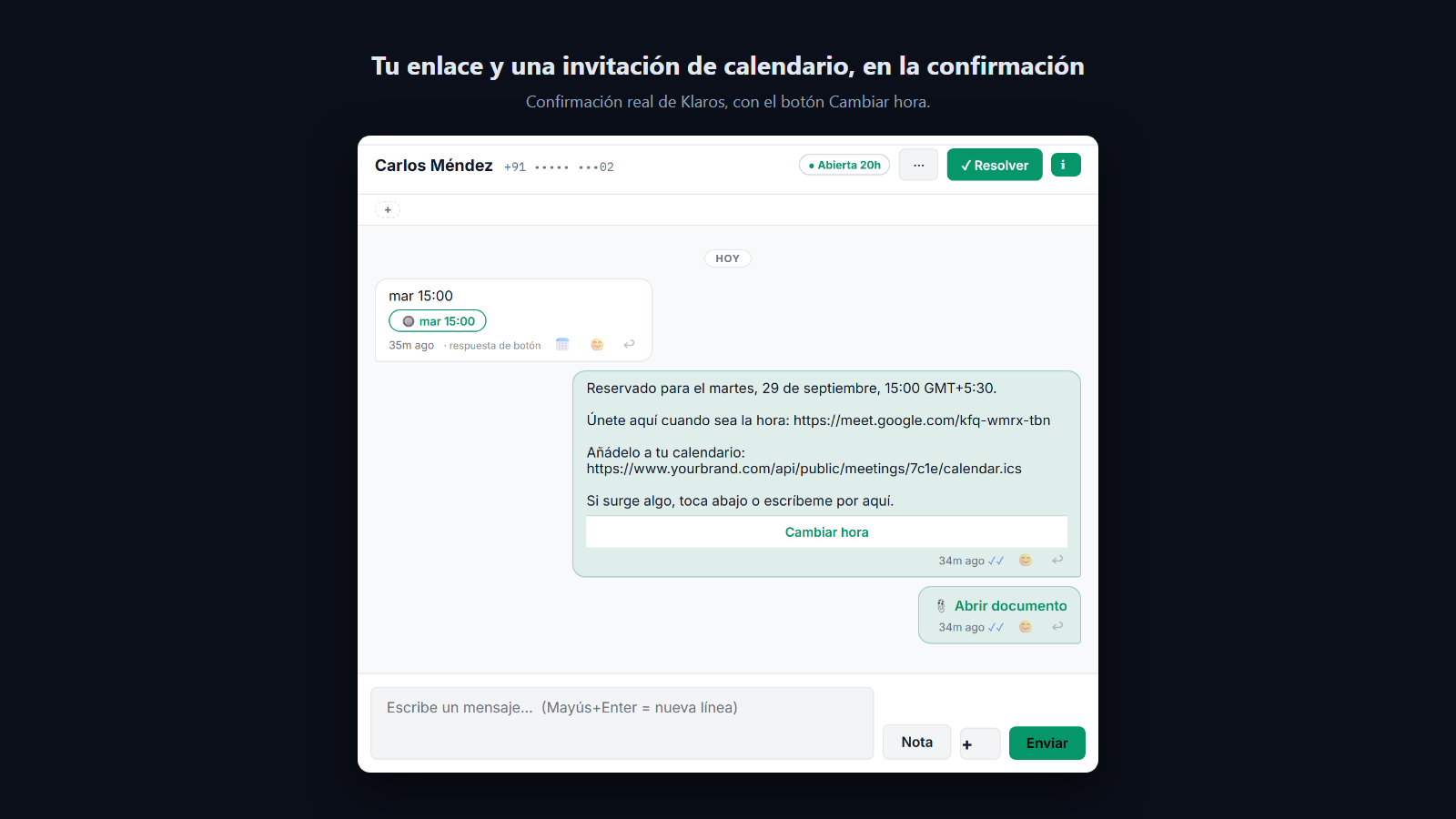 Captura: La confirmación lleva tu enlace de vídeo, una invitación de calendario de un toque y el botón Cambiar hora.