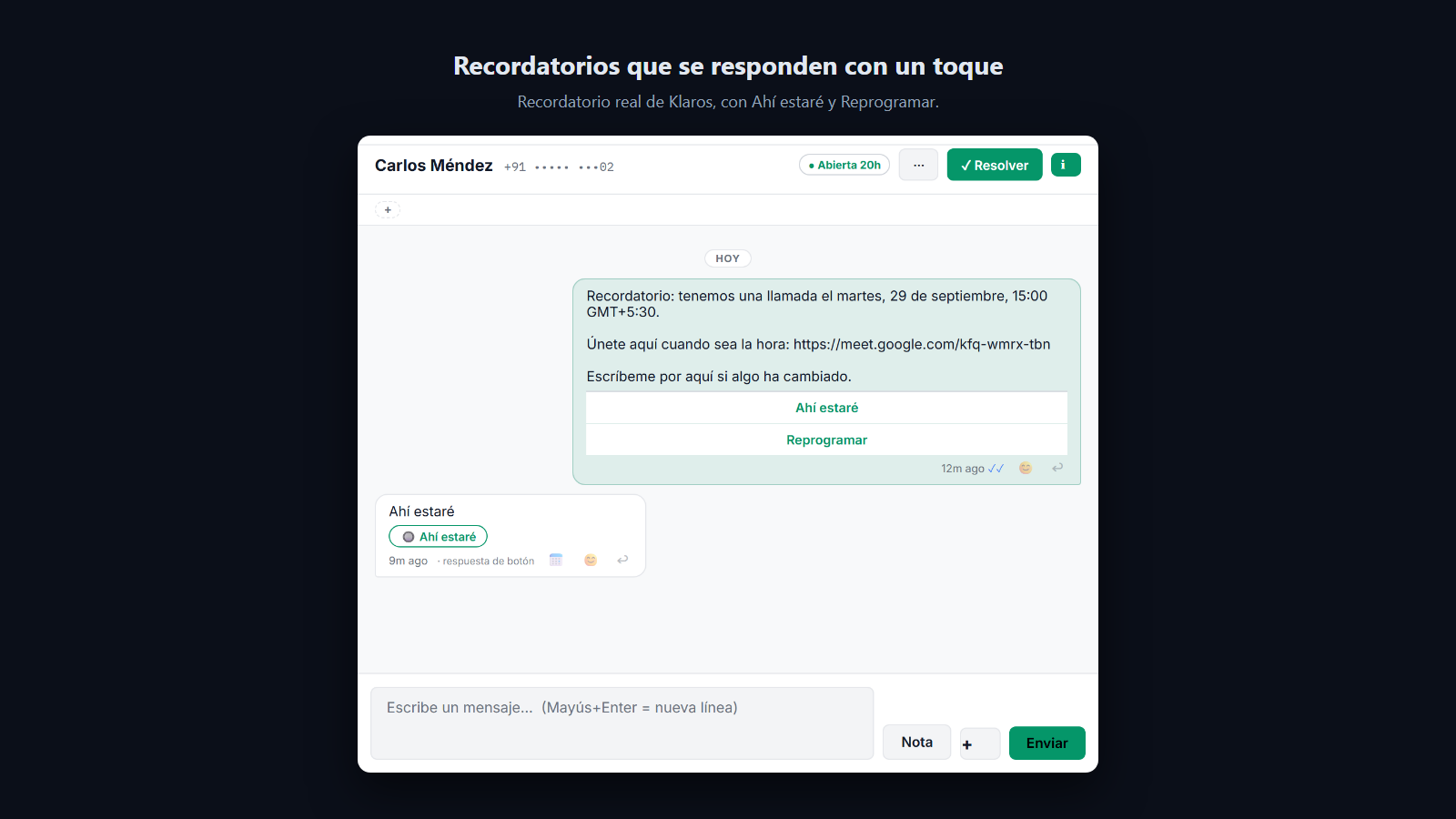 Captura: Los recordatorios llegan un día y 90 minutos antes, con confirmar y cambiar hora en un toque.