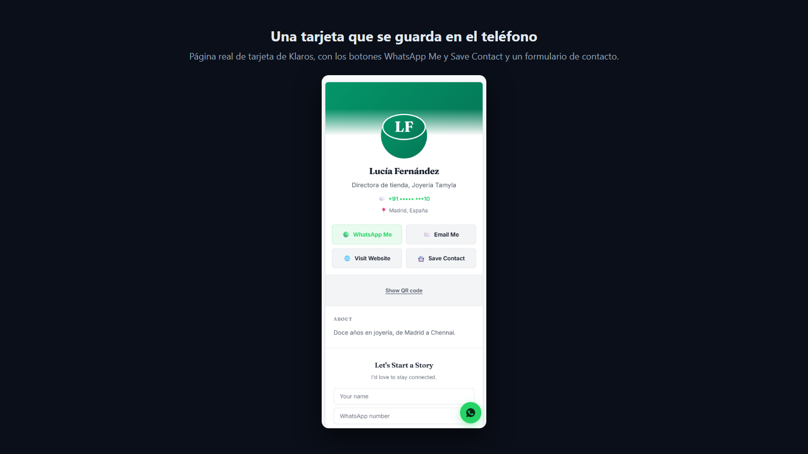 Captura: La página de la tarjeta guarda tu contacto en un toque y ofrece WhatsApp y un formulario de contacto.