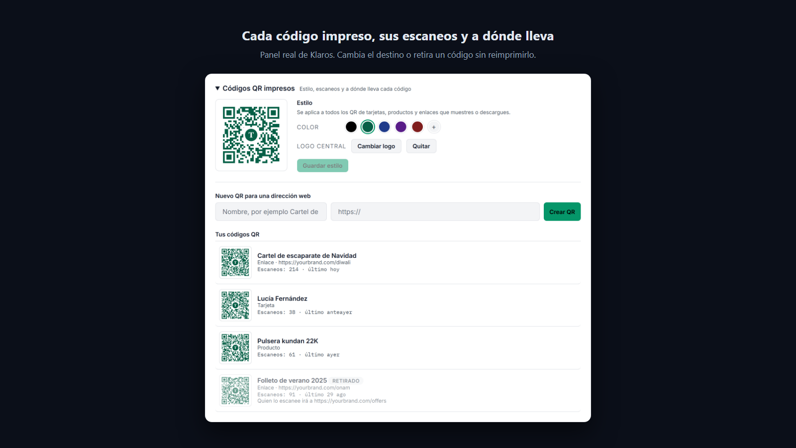Captura: Cada código impreso aparece con sus escaneos y su último escaneo, y puede enviarse a otro sitio o retirarse sin reimprimirlo.