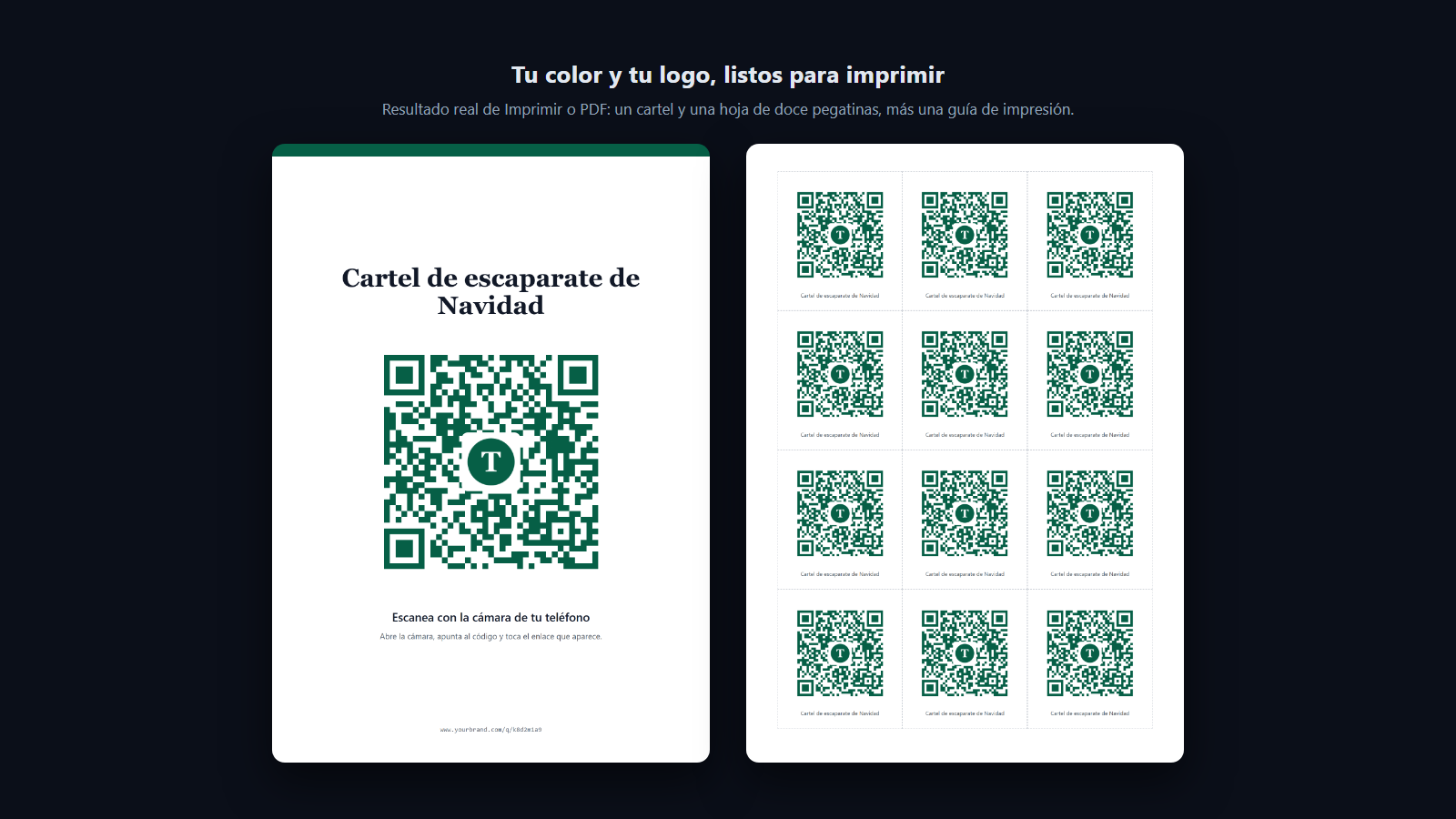 Captura: Los códigos llevan tu color y tu logo y siguen leyéndose con el logo puesto; cada uno se abre como cartel, hoja de pegatinas y guía de impresión listos para imprimir.