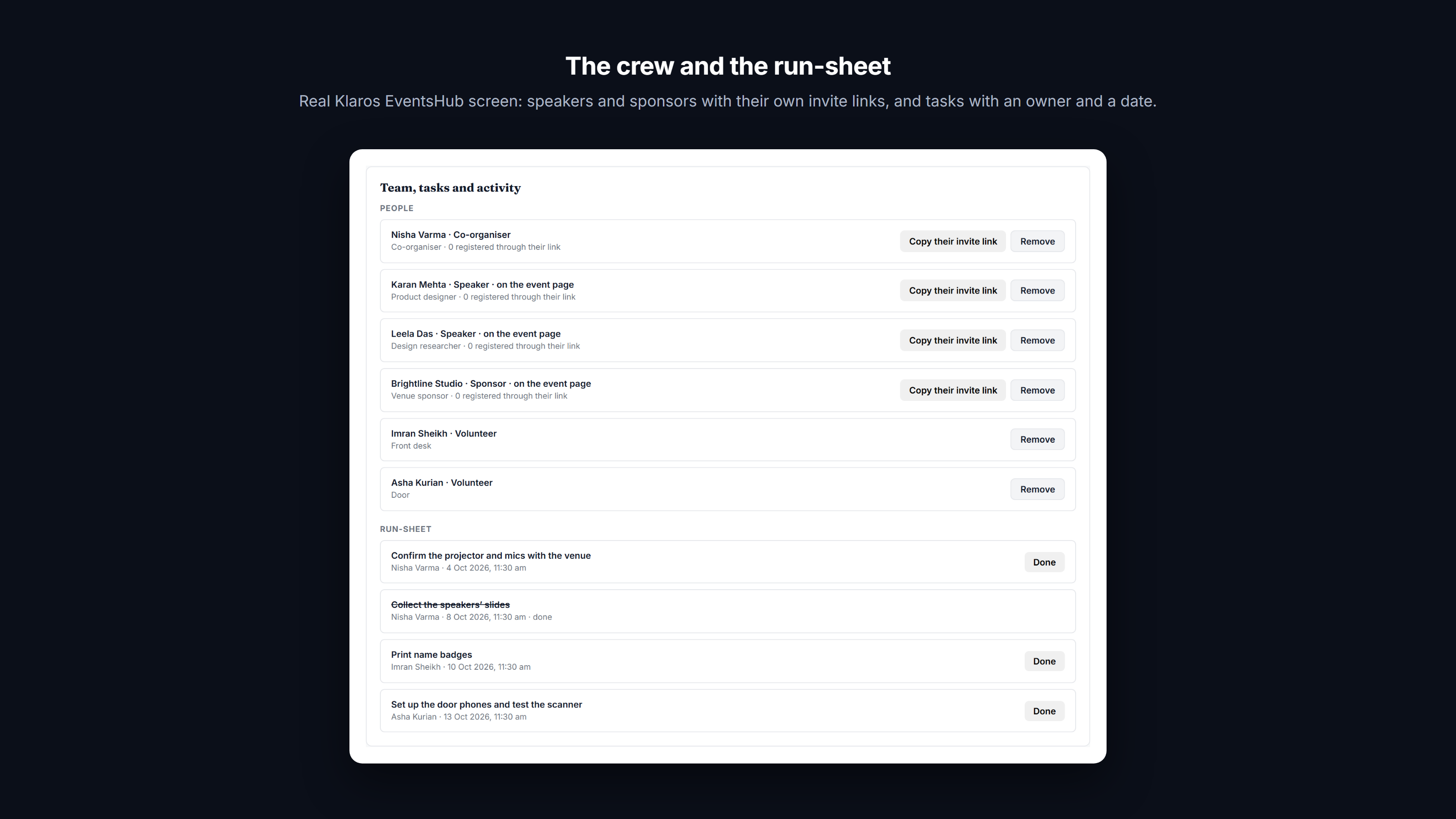 Screenshot: Speakers and sponsors with their own invite links, and tasks with an owner and a date.