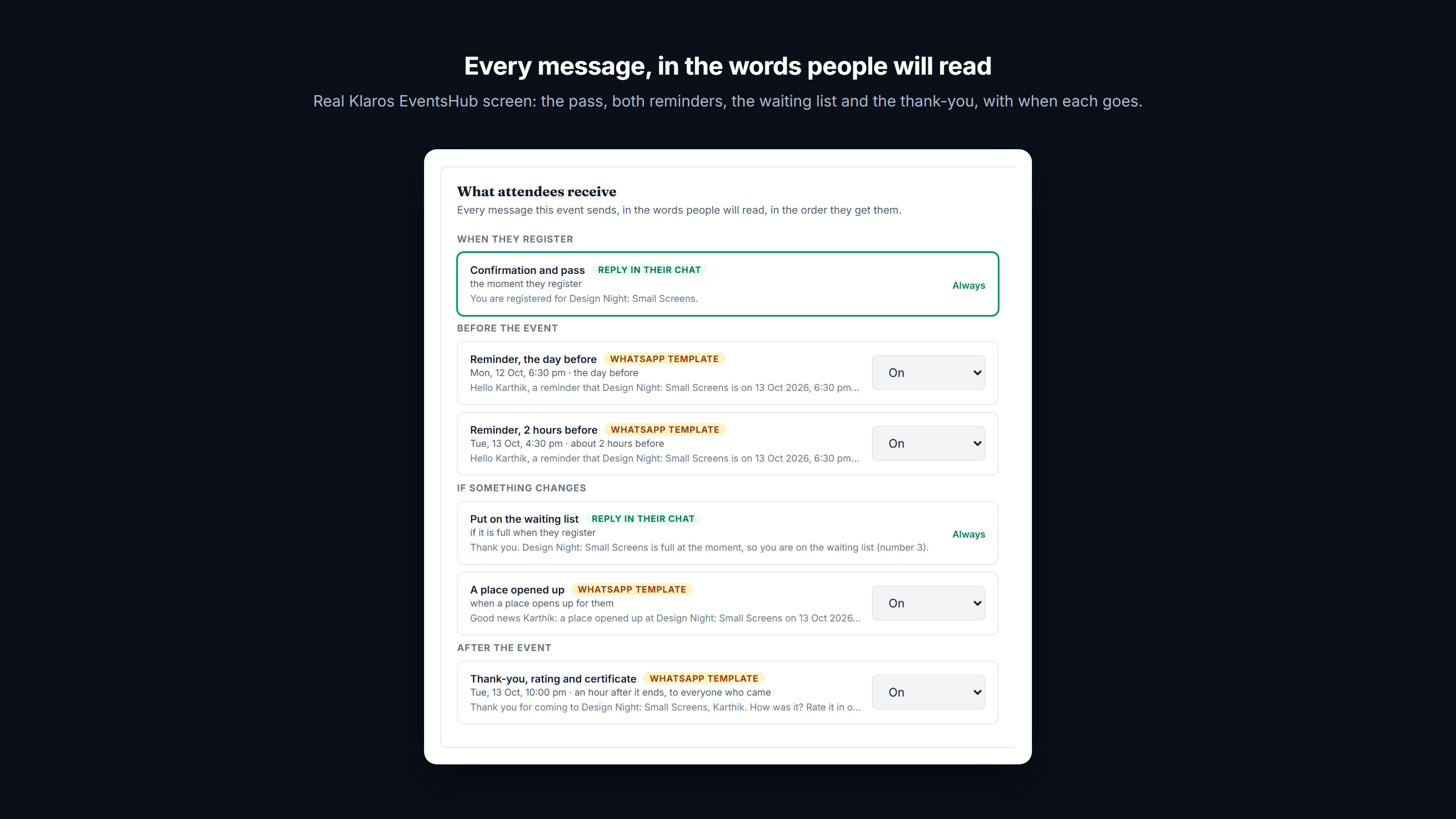 Screenshot: The pass, both reminders, the waiting list and the thank-you, in the words attendees read, with when each goes.