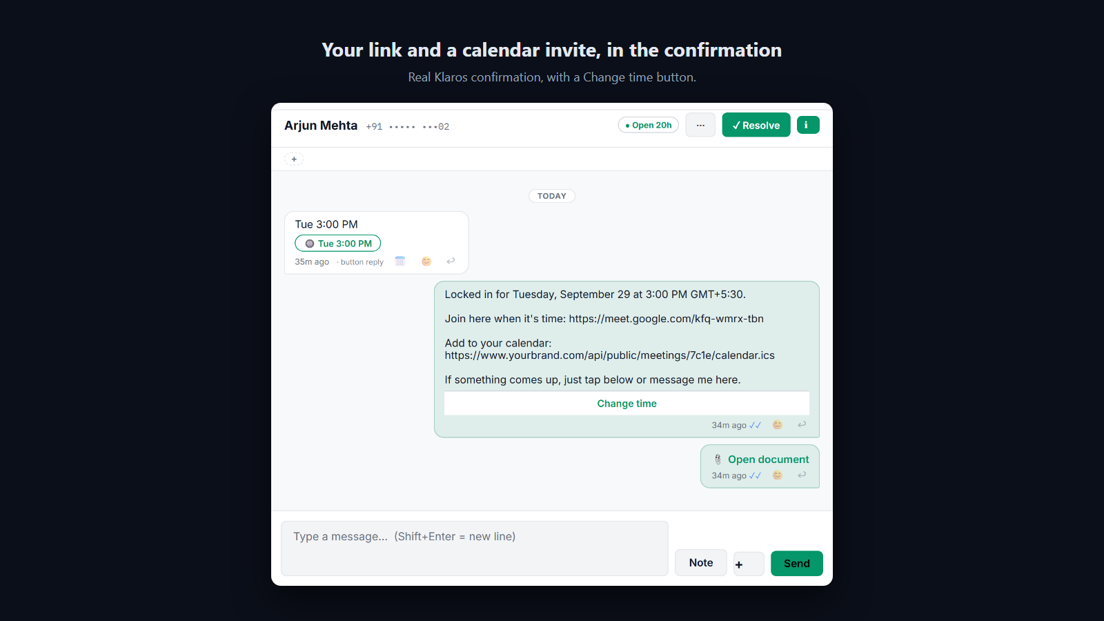 Screenshot: The confirmation carries your video link, a one-tap calendar invite and a Change time button.
