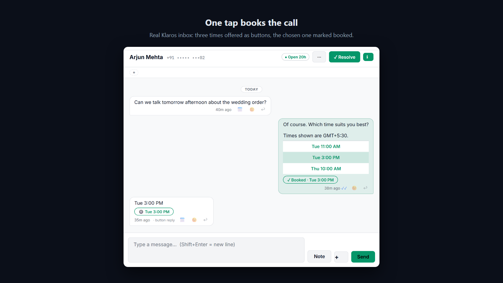 Screenshot: Times are offered as buttons in the chat, and one tap books the call.