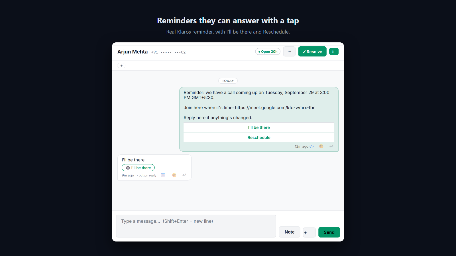 Screenshot: Reminders arrive a day and 90 minutes before, with one-tap confirm and reschedule.