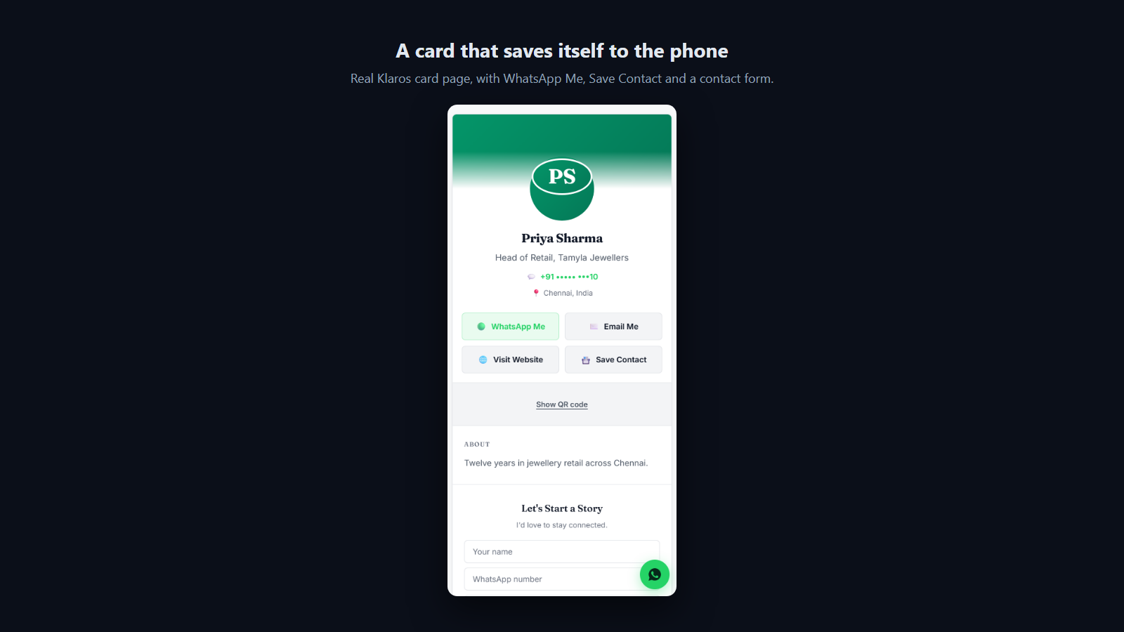 Screenshot: The card page saves your contact in one tap, and offers WhatsApp and a contact form.