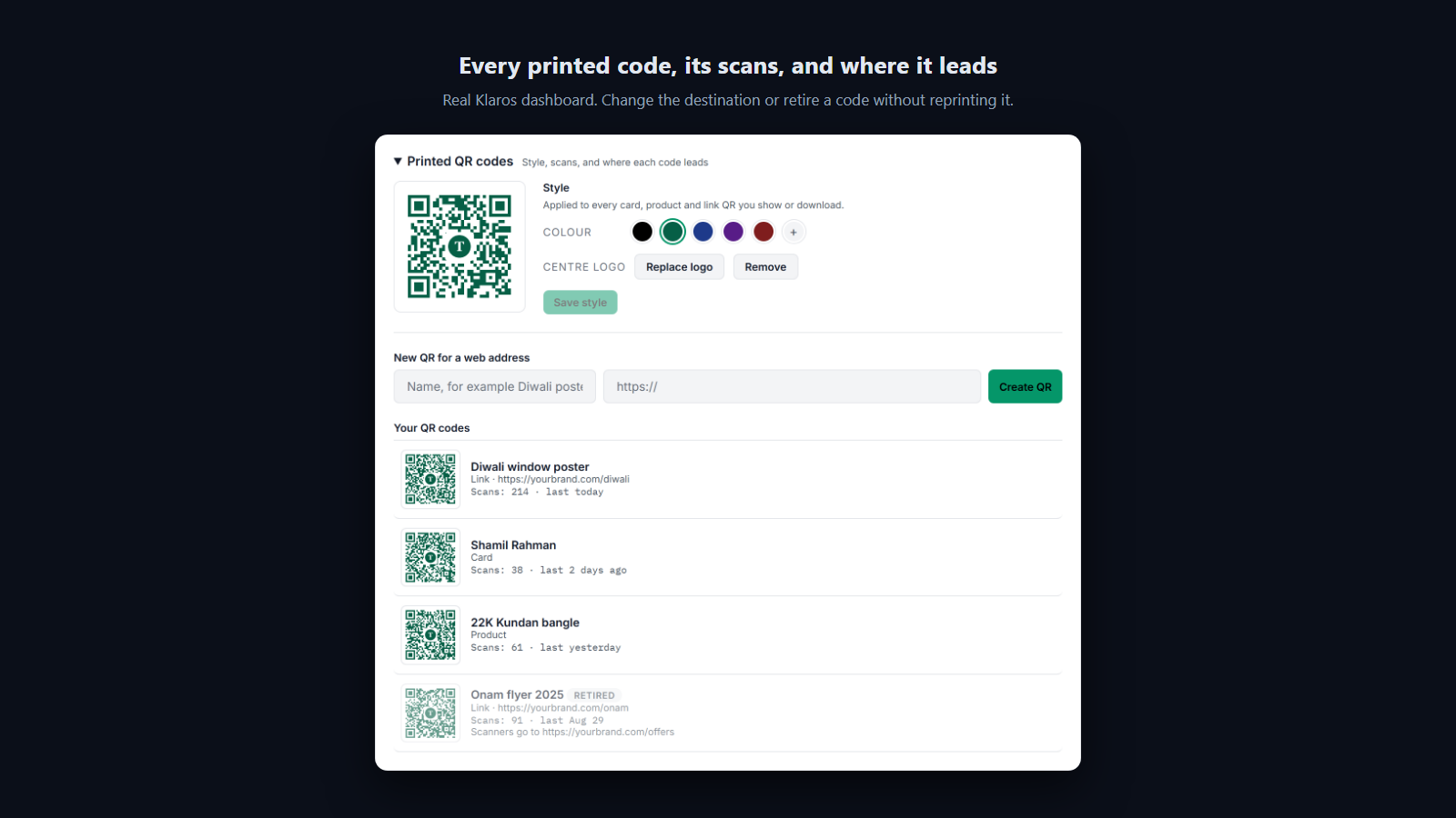 Screenshot: Every printed code is listed with its scan count and last scan, and can be sent somewhere new or retired without reprinting.