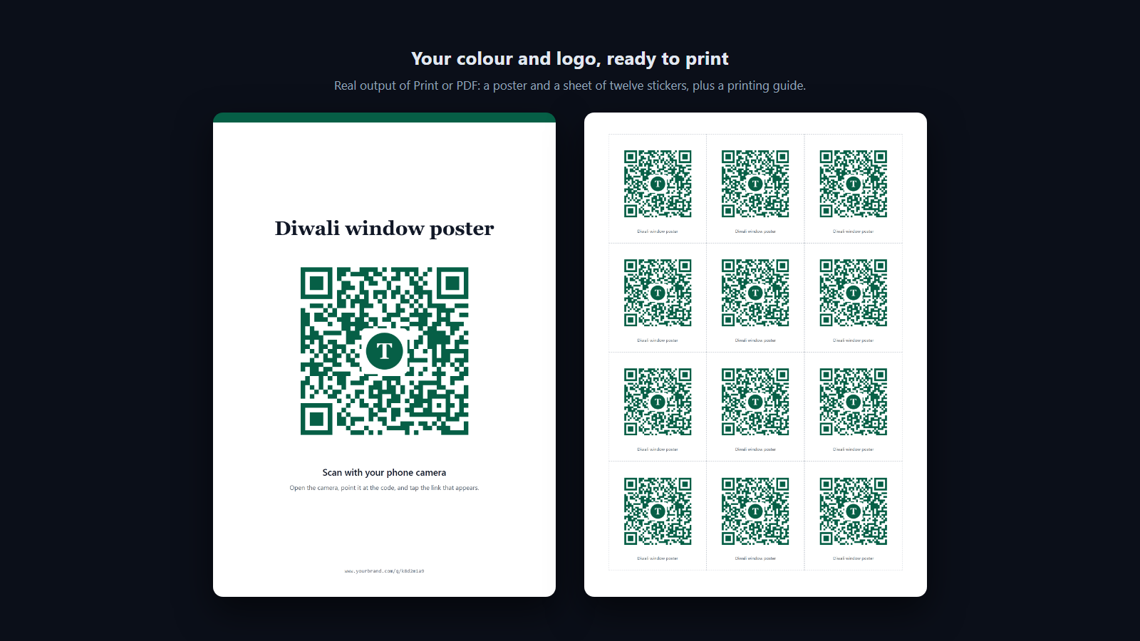 Screenshot: Codes carry your colour and logo and are built to keep scanning with the logo in place; each opens as a print-ready poster, sticker sheet and printing guide.