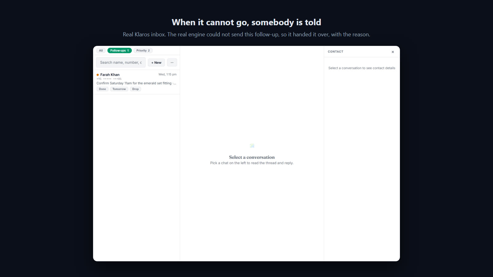 A follow-up Klaros could not send, handed to a person in the Follow-ups list with the reason