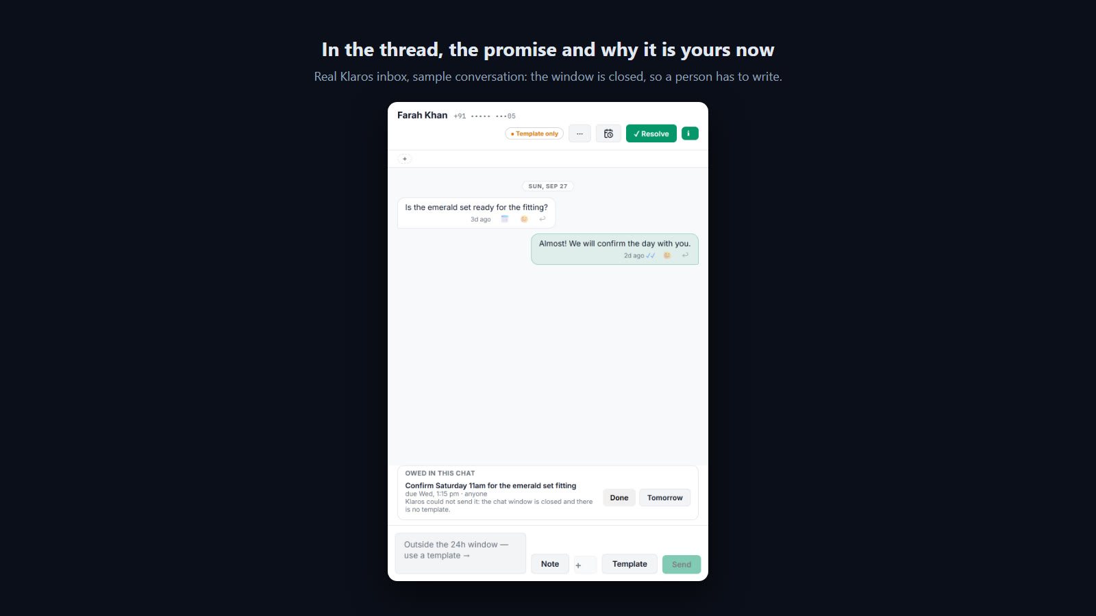 The chat thread explains it: the 24-hour window is closed and there is no approved template