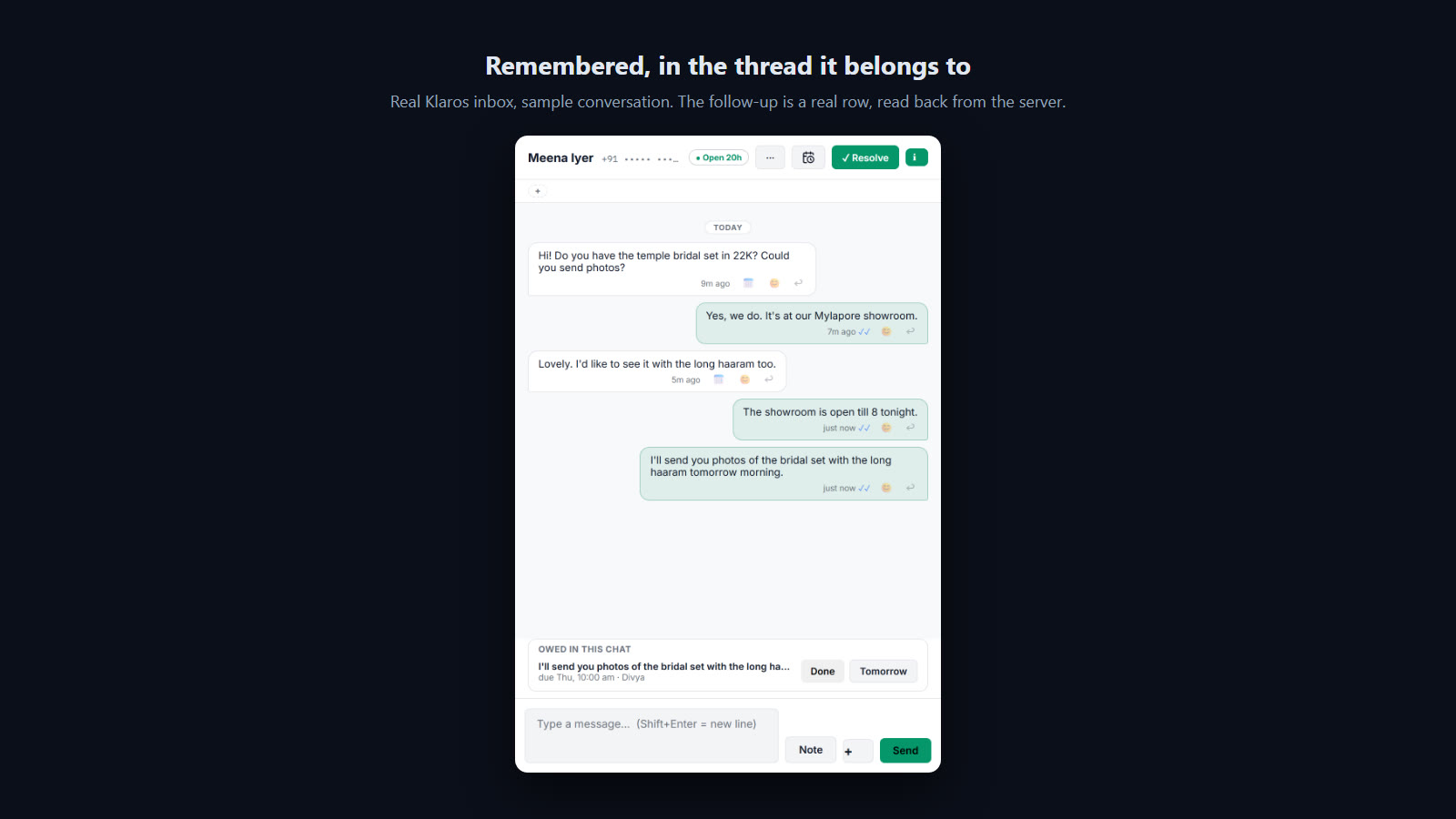 The follow-up remembered in the thread: owed in this chat, due Thursday 10:00, owed by Divya