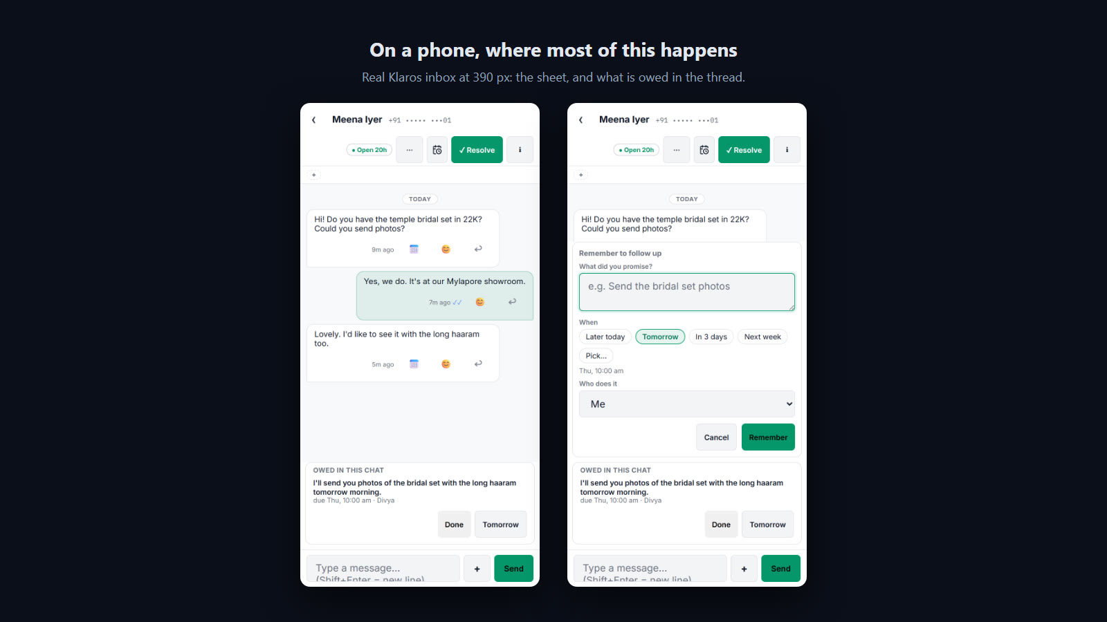 The Klaros inbox on a 390-pixel phone: the customer’s name in the header, what is owed in the chat, and the Follow up sheet