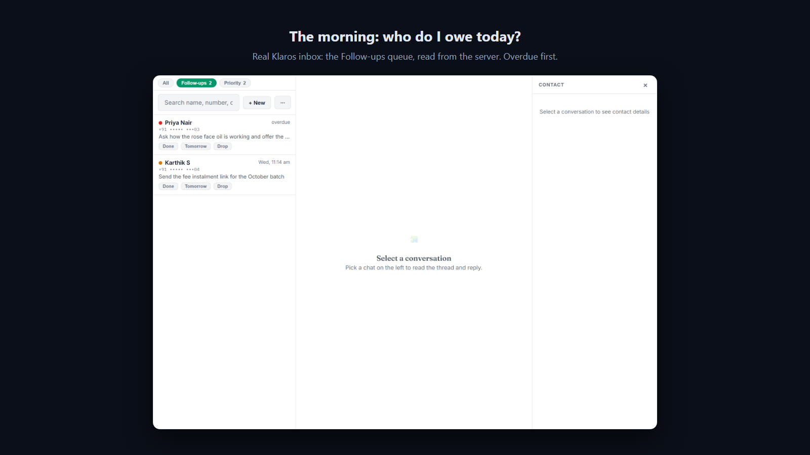 The Follow-ups list in the Klaros inbox, overdue first, with Done, Tomorrow and Drop on each row