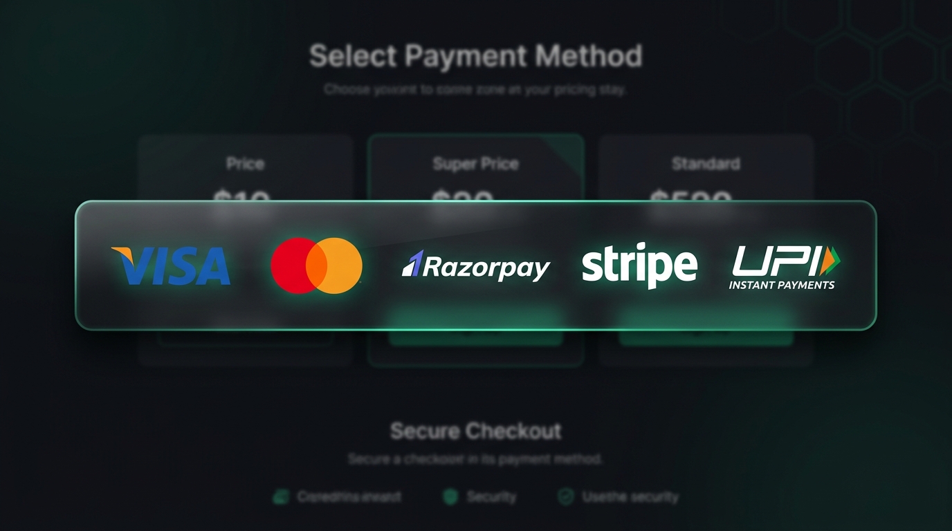 Accepted Payment Methods - Razorpay, Stripe, Visa, Mastercard, UPI