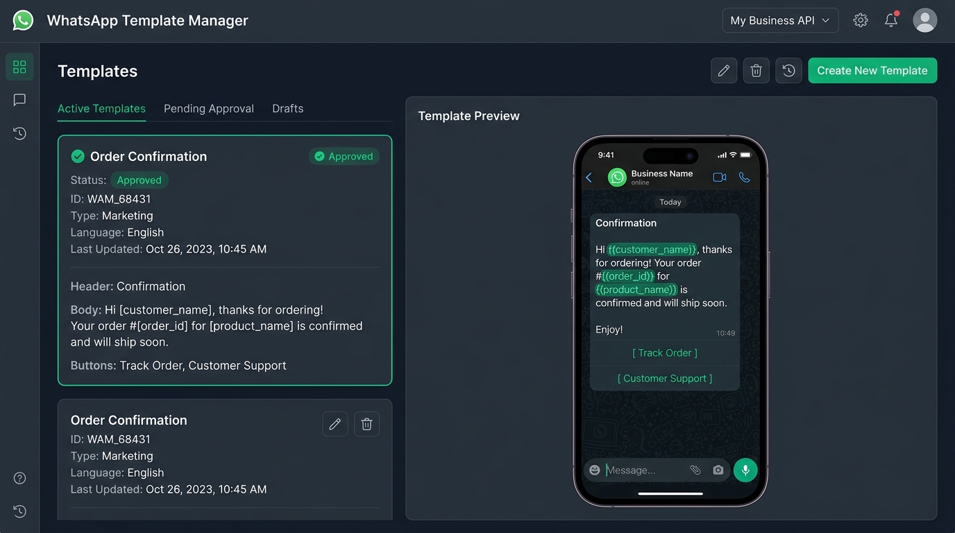 WhatsApp Template Manager & Interactive Chat Bubble Preview