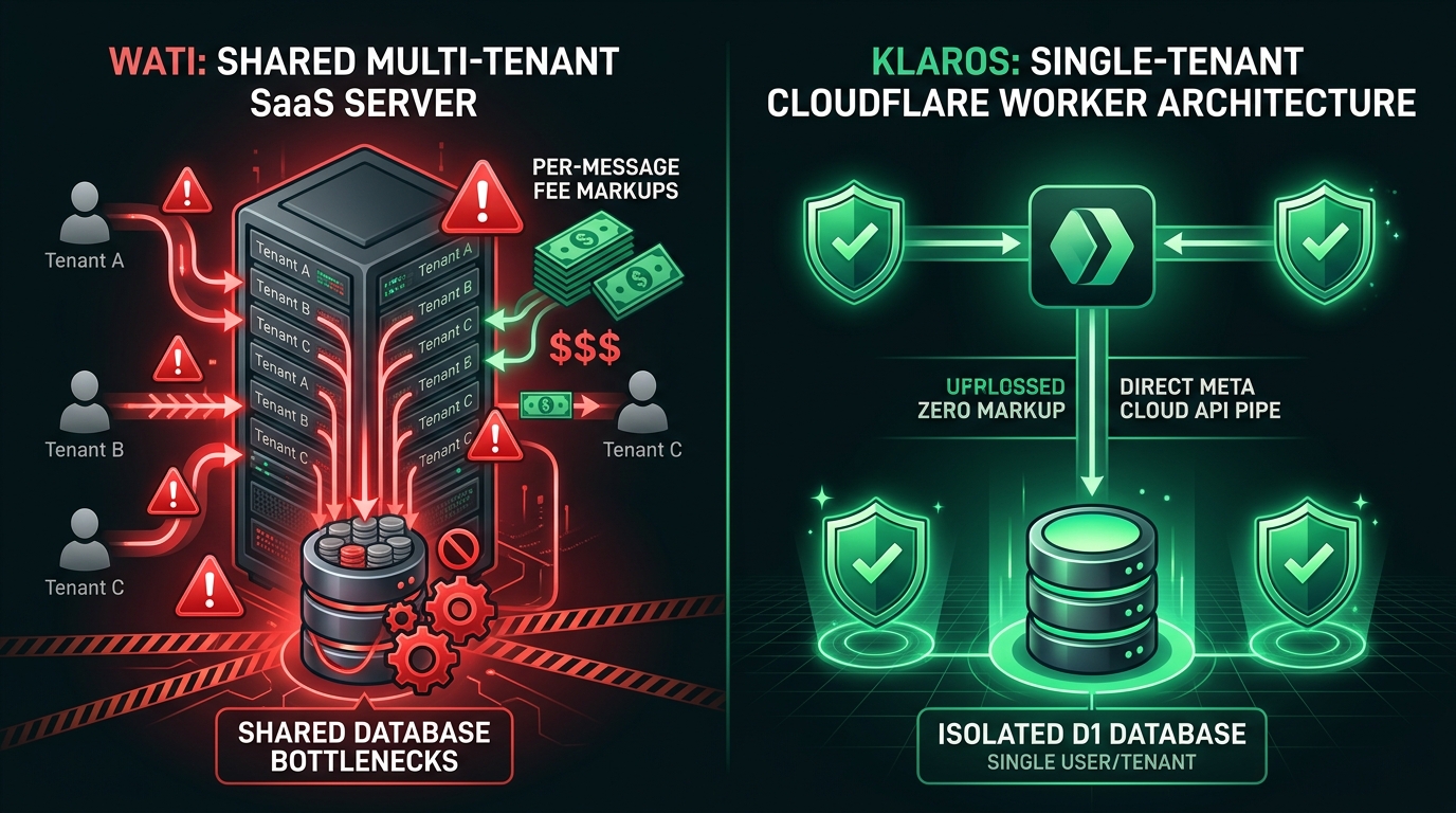 WATI Multi-Tenant Reseller vs Klaros Single-Tenant Direct Meta Cloud API Architecture