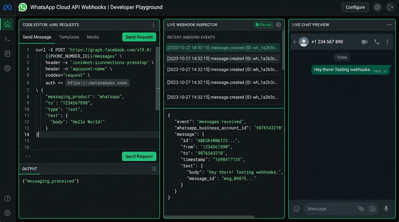 WhatsApp Webhook & cURL Developer Debugger UI