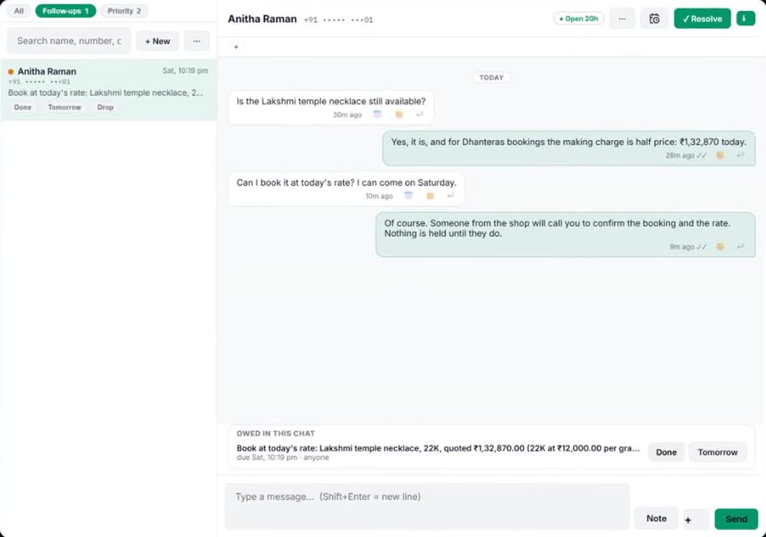 The Klaros inbox. A customer asks whether the Lakshmi temple necklace is still available and is told the Dhanteras price, ₹1,32,870 today. She asks to book it at today's rate and come on Saturday; the reply says someone from the shop will call to confirm and nothing is held until they do. Below the chat, a follow-up owed in this chat records the booking with the quoted price and the 22K rate of ₹12,000 a gram, with Done and Tomorrow buttons.
